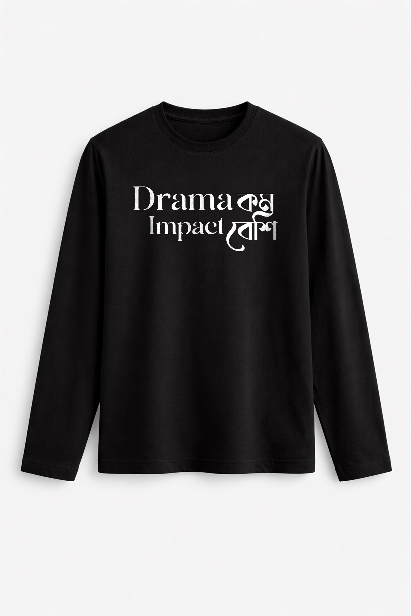 Black long-sleeve shirt with 'Drama Impact' text on a white background