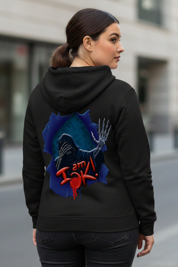 KRAZYKIND I Am Ok hoodie showing a casual fit with bold text, made from soft fabric in a relaxed style.