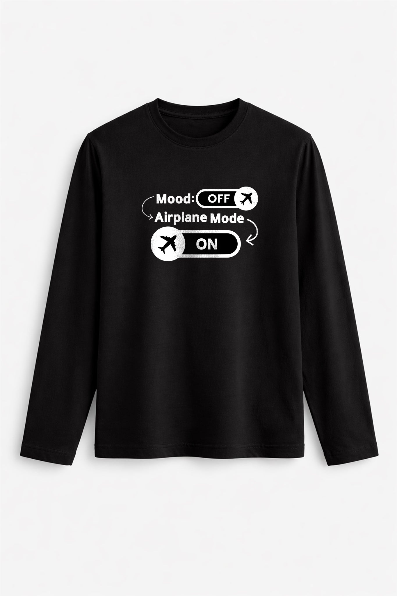 Black long-sleeve shirt with text design on a white background