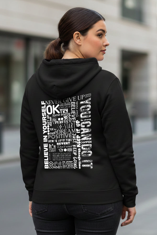 KRAZYKIND Believe Yourself hoodie, black with white text, showcasing a casual, comfortable fit and stylish design.