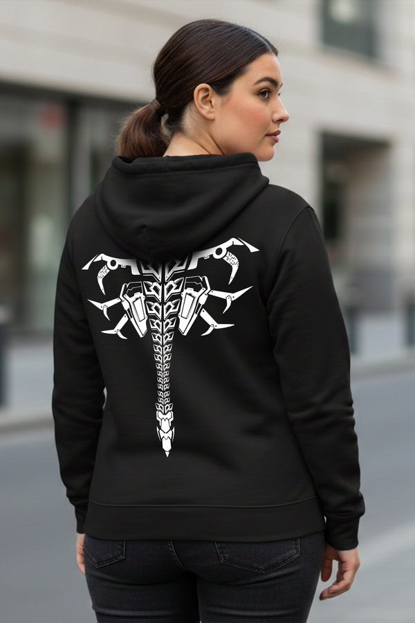 KRAZYKIND Spine Back Hoodie showing the back design with a prominent spine graphic and casual fit in black fabric.