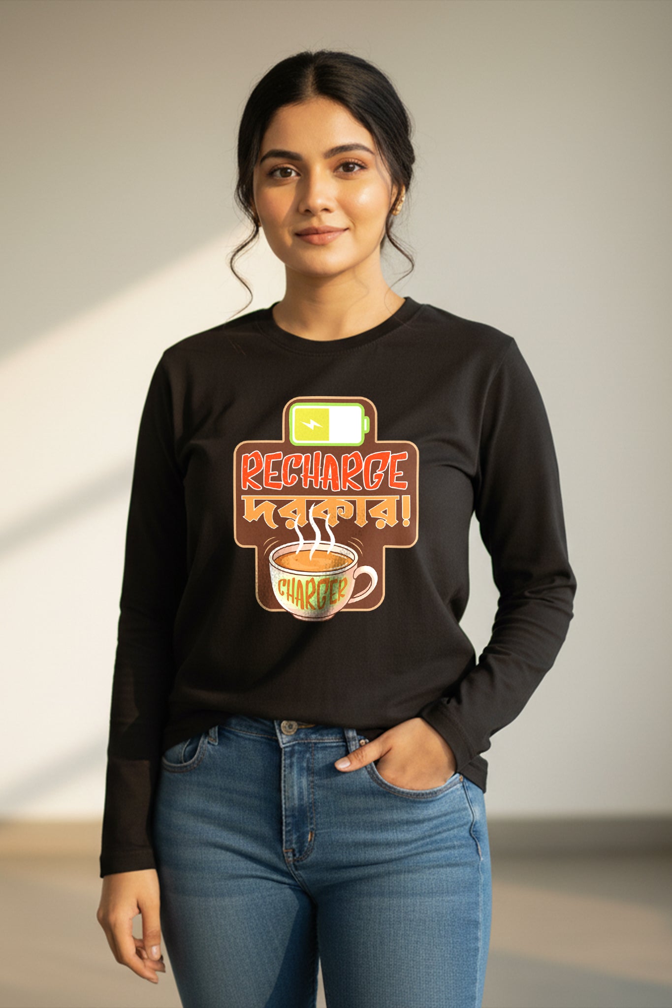 KRAZYKIND Recharge full sleeve shirt in black fabric, showing the front view with a casual fit and full-length sleeves.