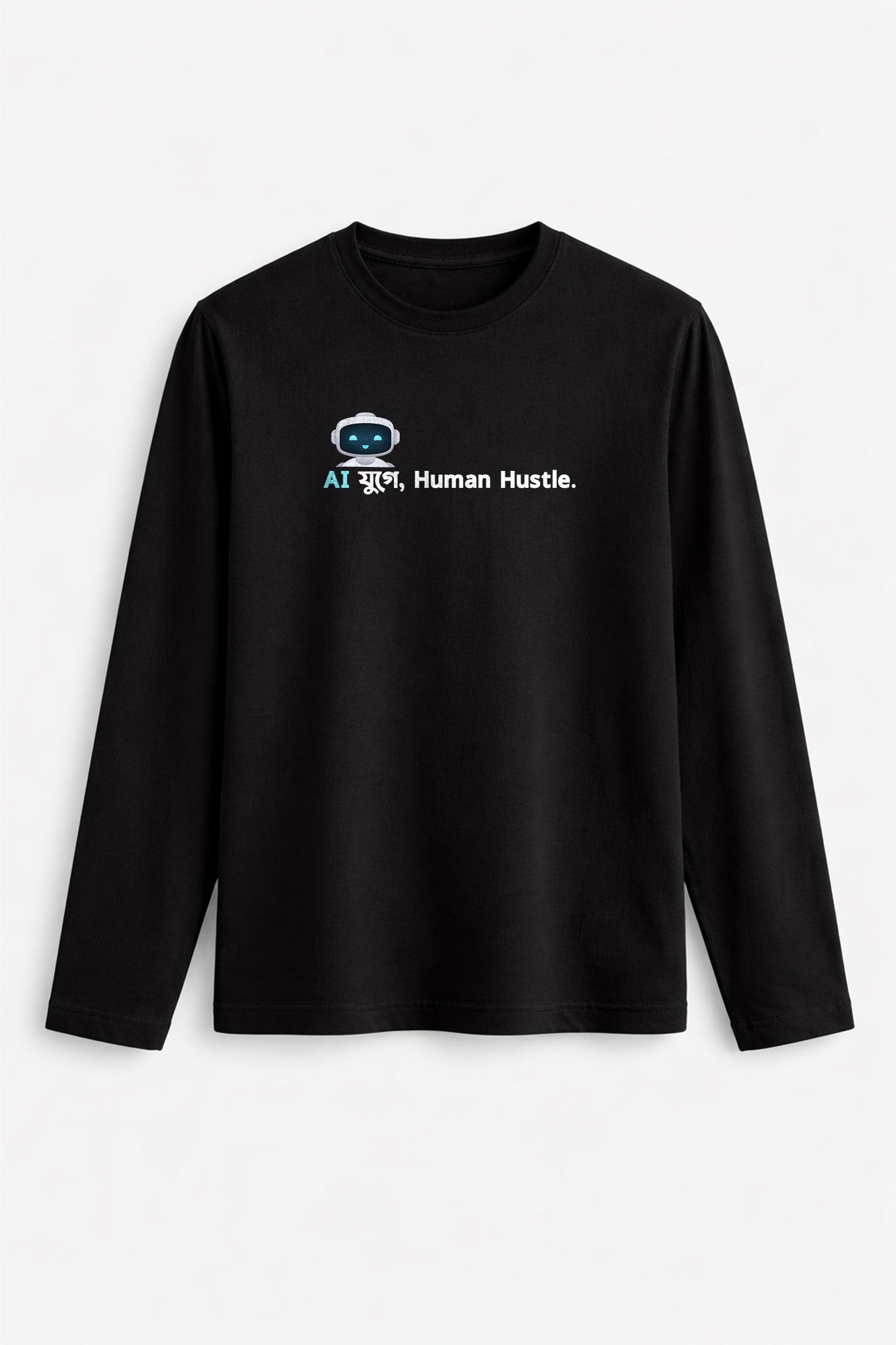 Black long-sleeve shirt with 'AI Human Hustle' text and logo on a white background