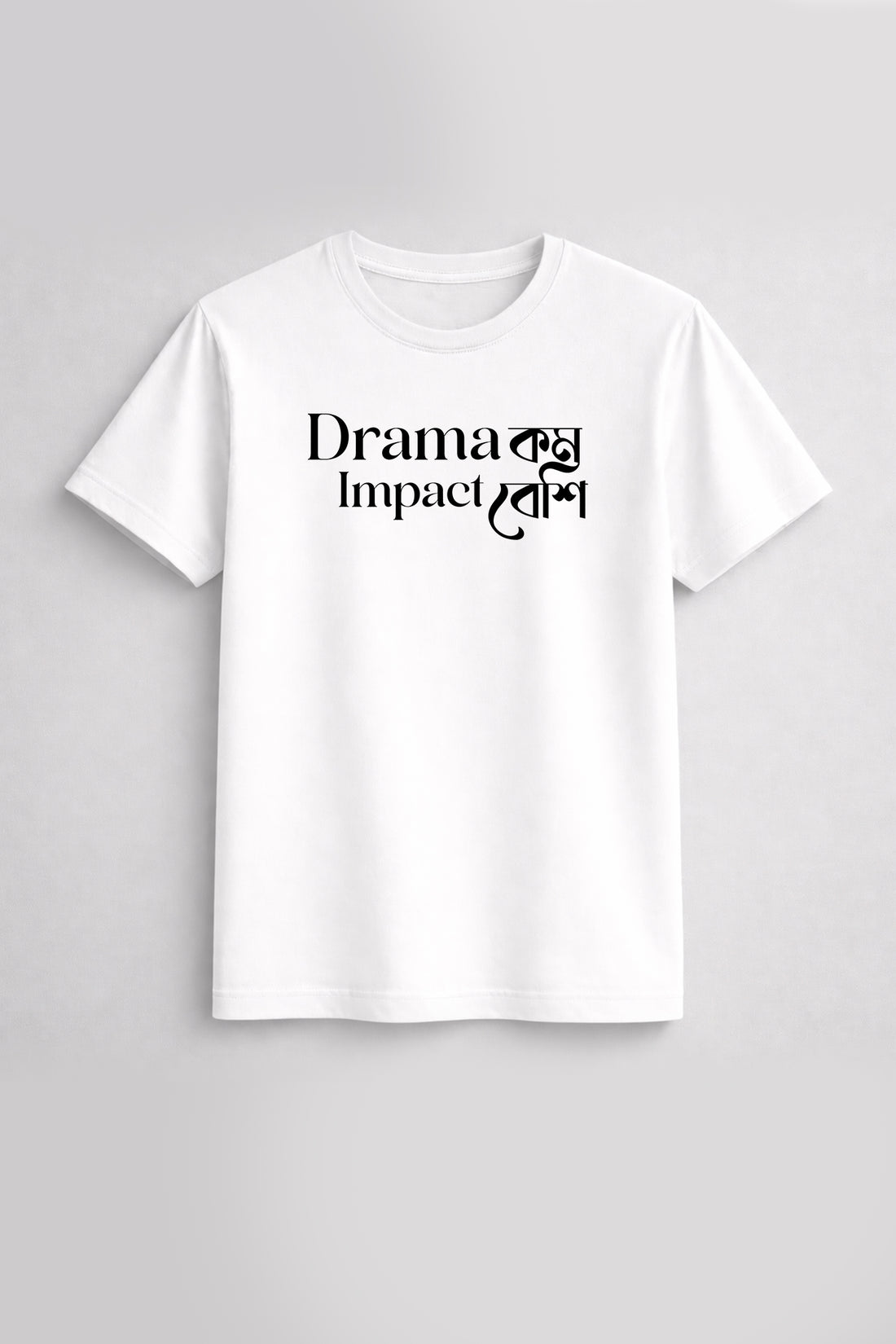 Black t-shirt with 'Drama Impact' text on a white background