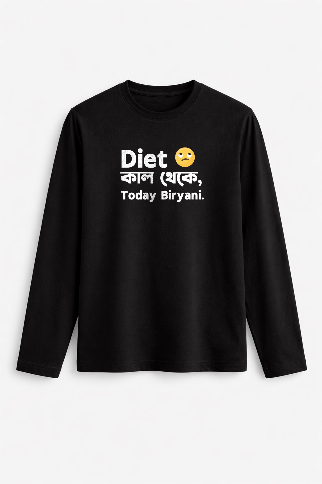 Black long-sleeve shirt with text on a white background