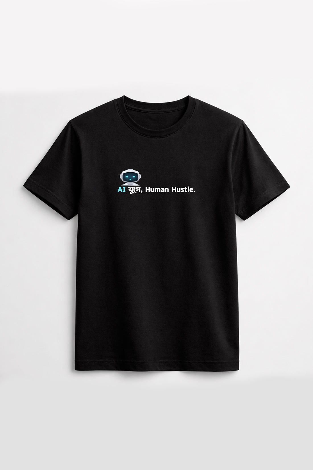 Black t-shirt with a graphic and text on a white background