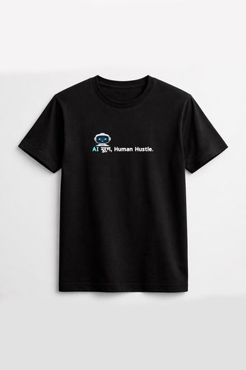 Black t-shirt with a graphic and text on a white background