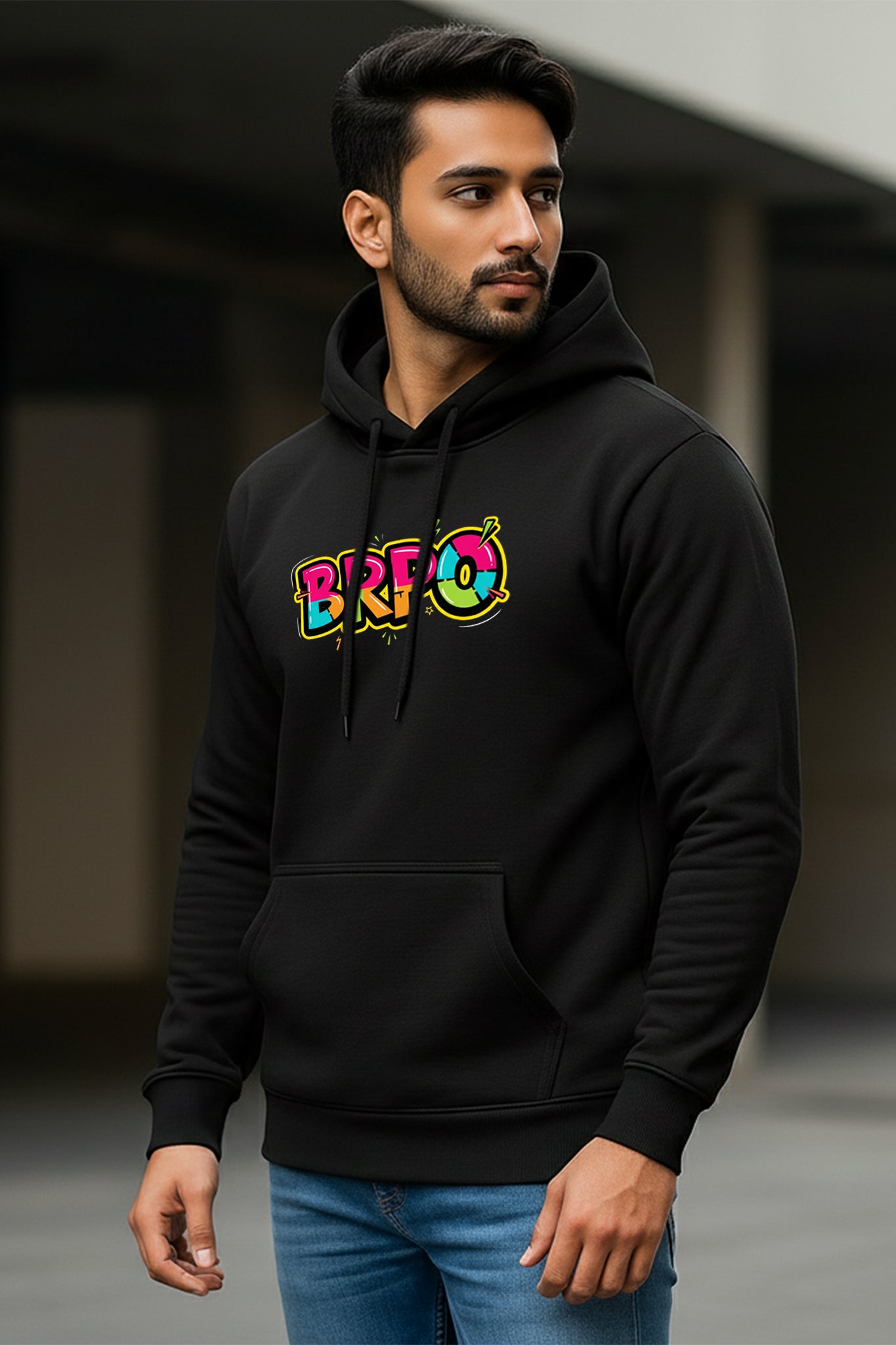 KRAZYKIND BRPO Hoodie in black with front pocket and drawstring hood, casual streetwear for comfortable style.