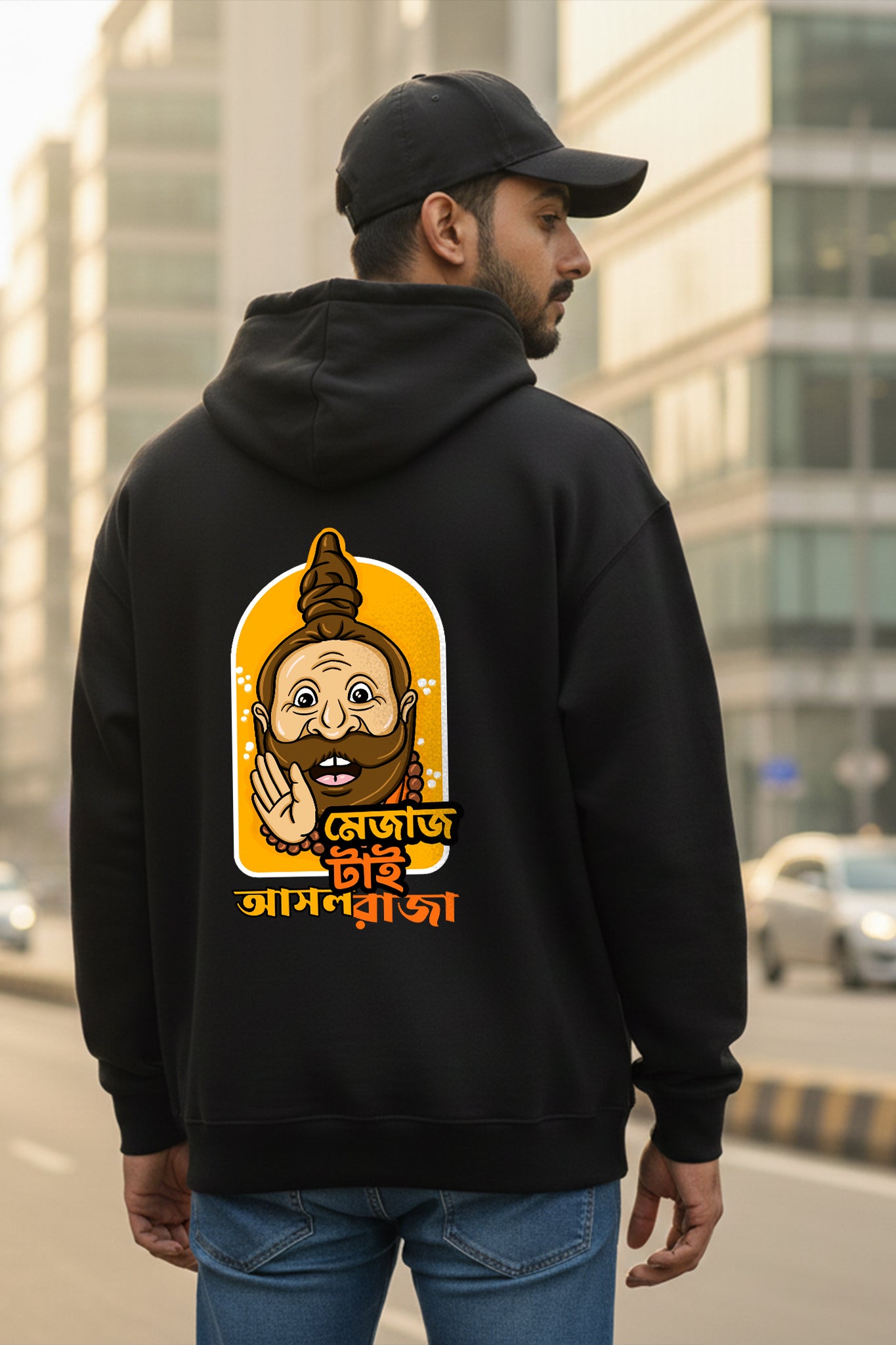 KRAZYKIND Mejaj Tai Ashol hoodie in black with front pocket and drawstring hood, casual streetwear style.