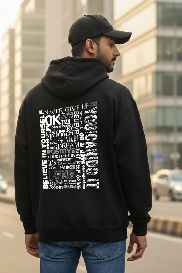 KRAZYKIND Believe Yourself hoodie in black with bold white lettering, cozy hoodie with front pocket and drawstrings.