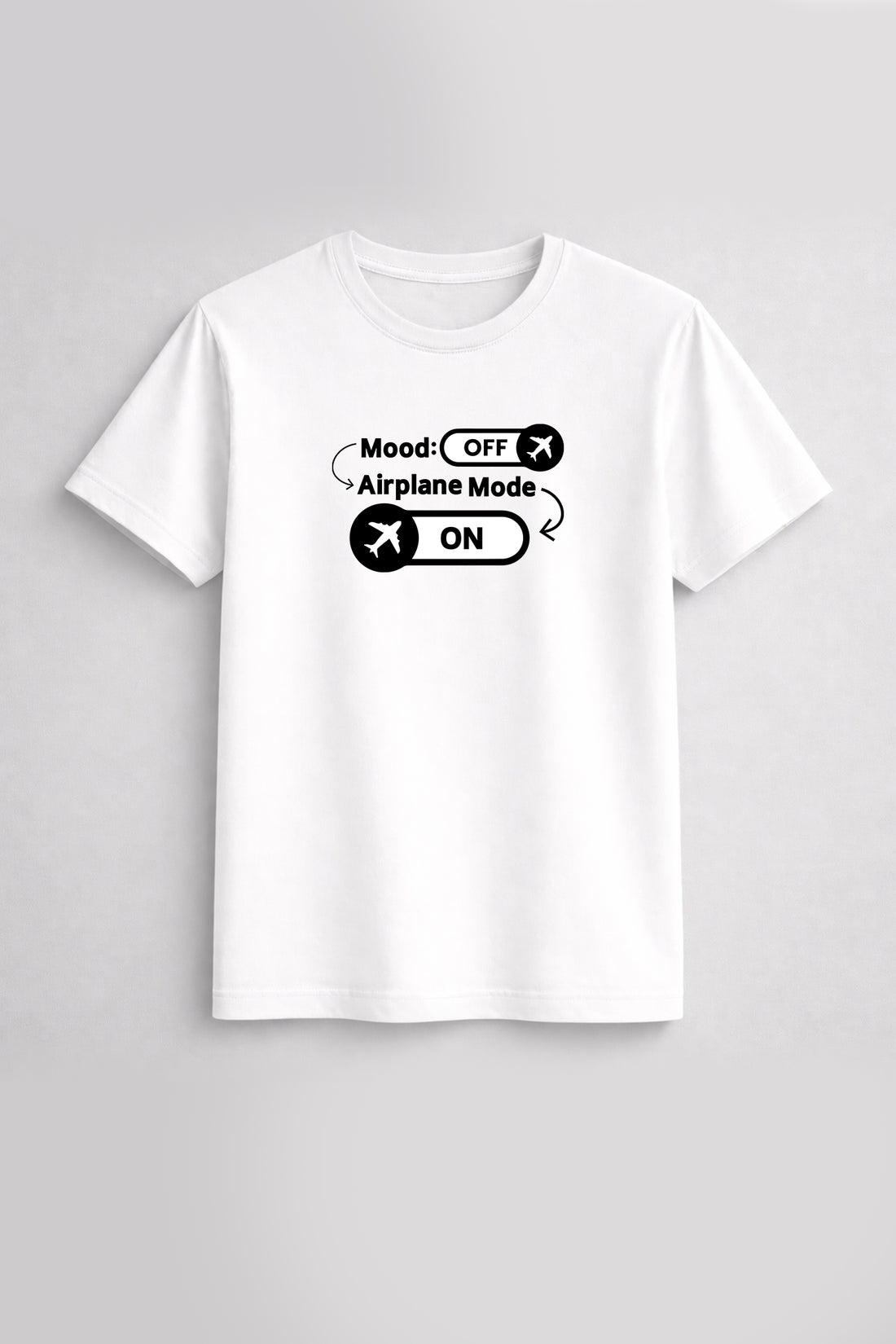 Black t-shirt with text design on a white background