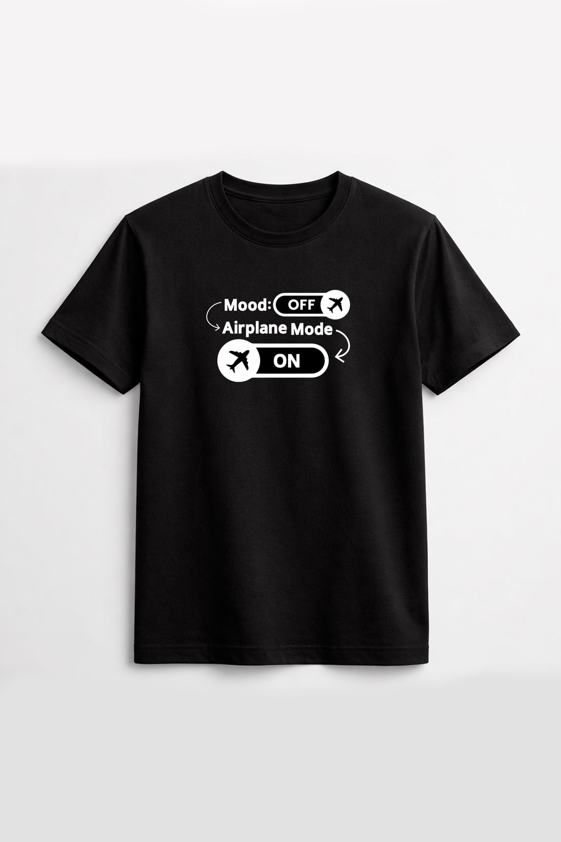 Black t-shirt with text design on a white background