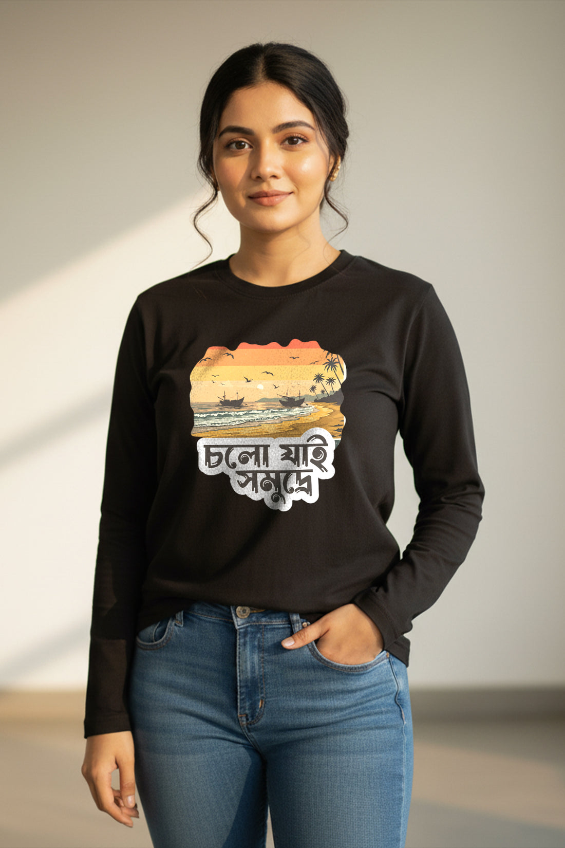 KRAZYKIND Cholo Jai Somudre full sleeve shirt with traditional design, featuring detailed patterns on white fabric.