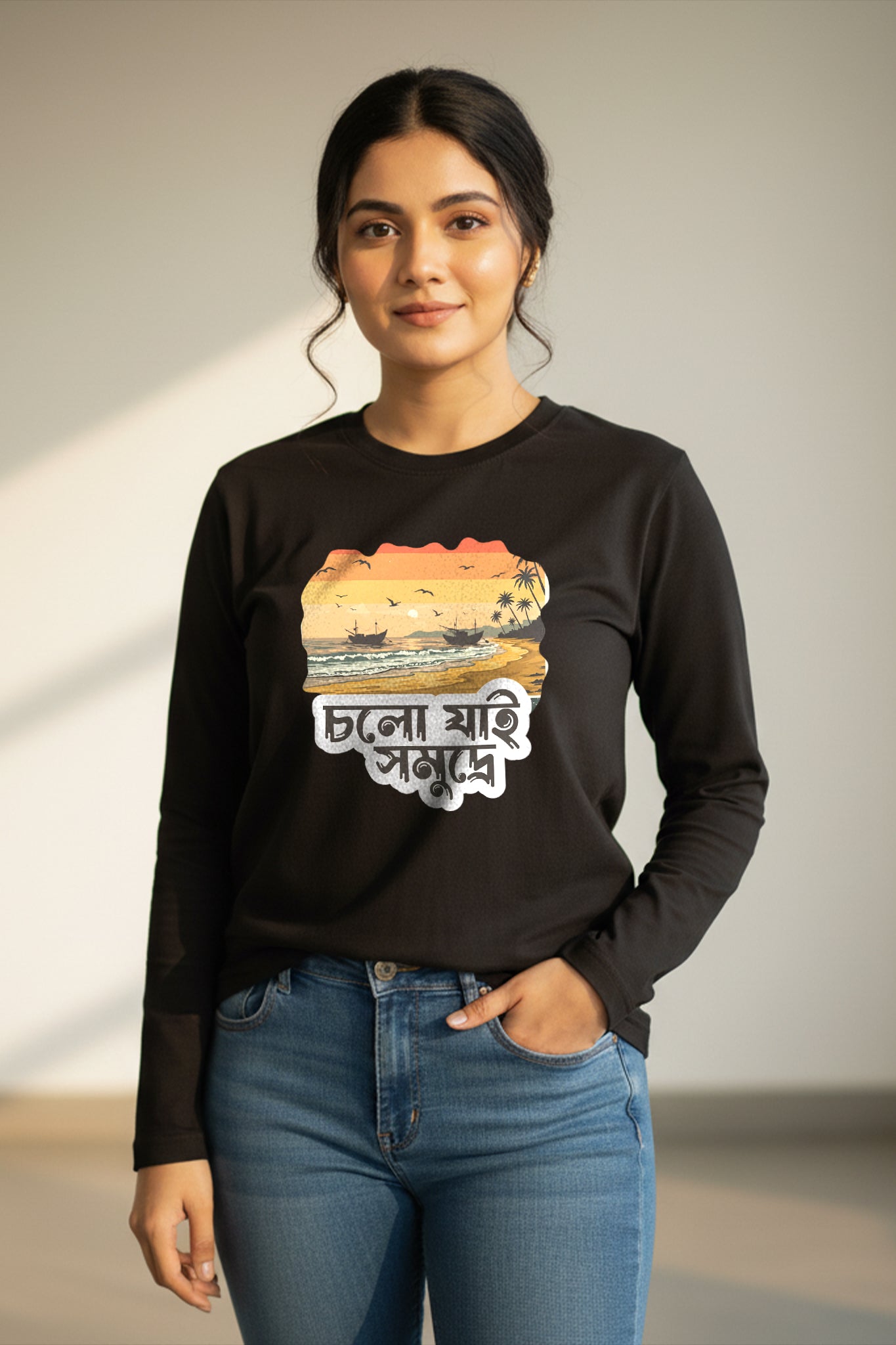 KRAZYKIND Cholo Jai Somudre full sleeve shirt with traditional design, featuring detailed patterns on white fabric.