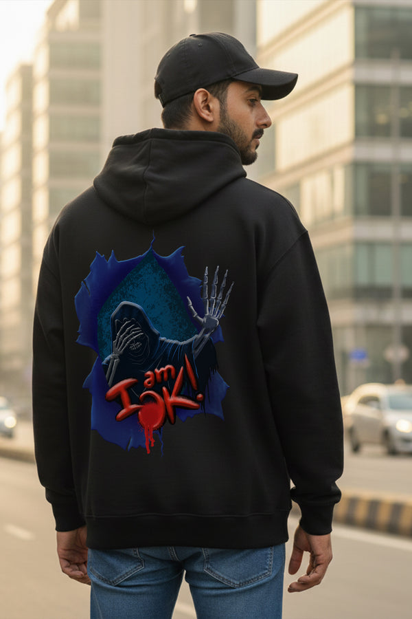 KRAZYKIND "I am OK" hoodie in black with white text, casual fit, comfortable sweatshirt for everyday wear