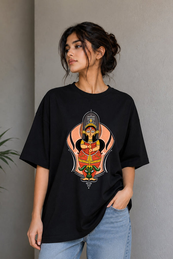 Mahishasuramardini| Oversized Black Cotton T-Shirt for Women | Krazy Kind KRAZYKIND