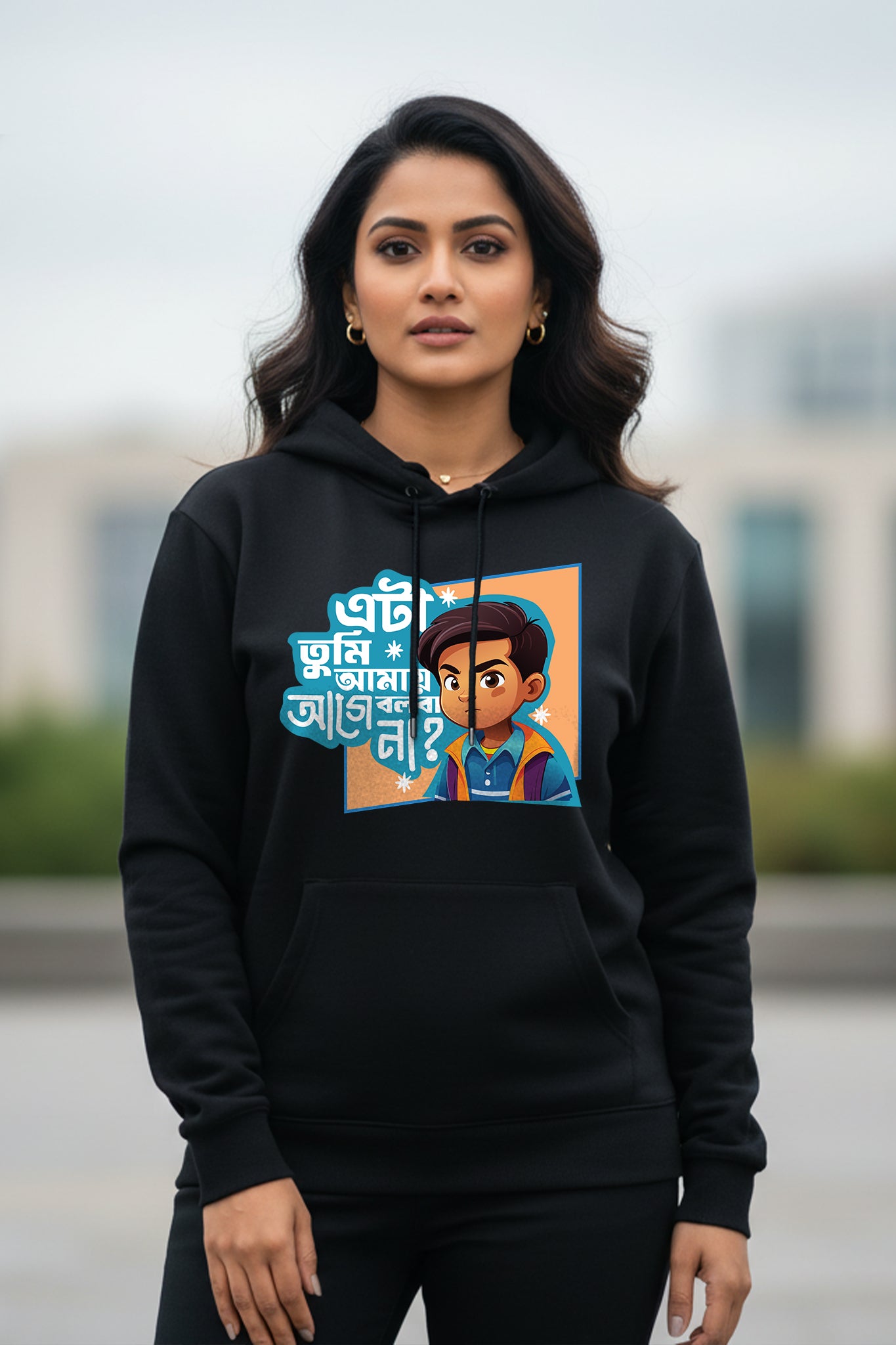 KRAZYKIND Aga Bolba Na hoodie worn by woman, front view showing stylish black hoodie with bold graphic design.