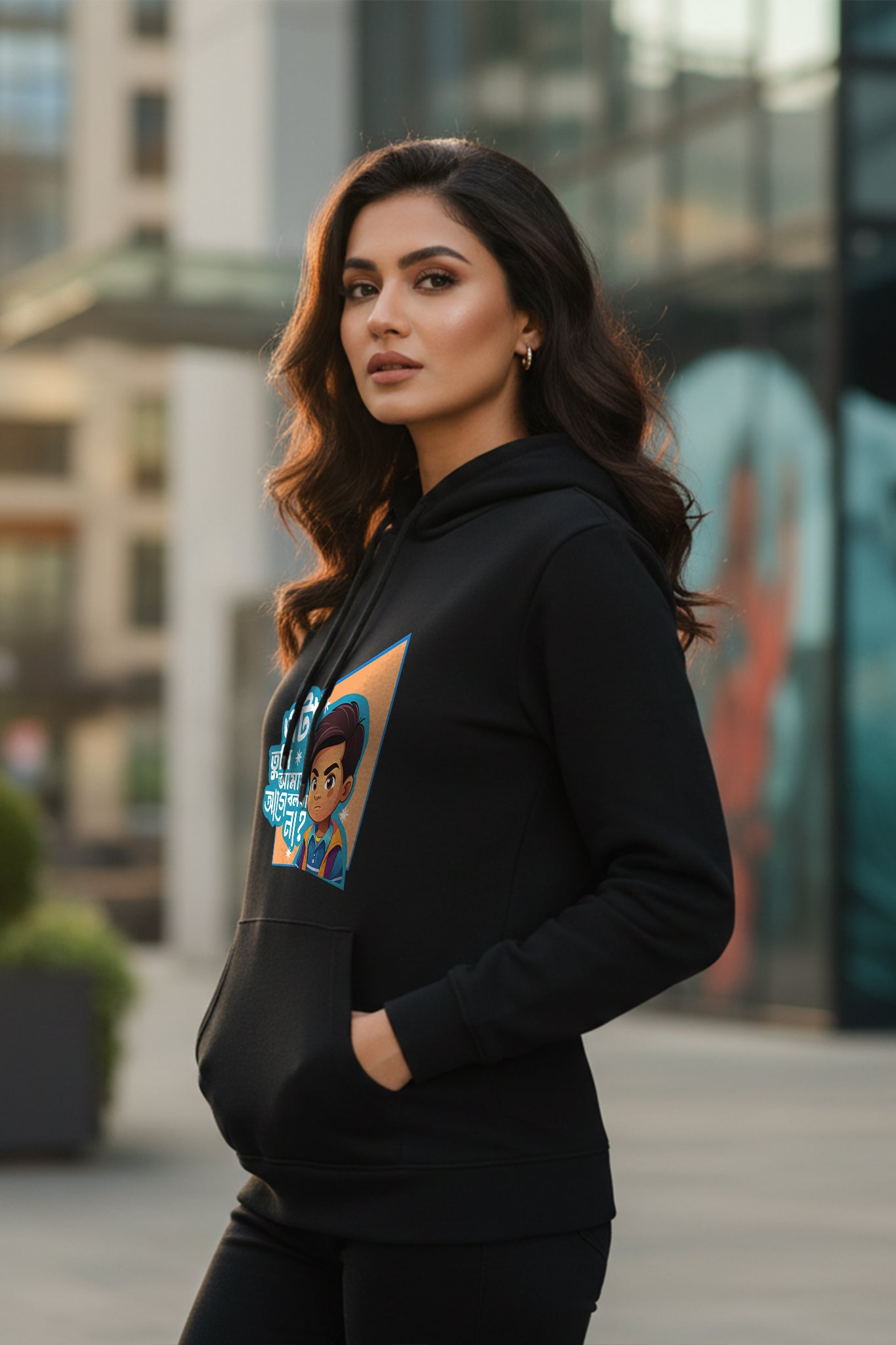 Side view of a woman wearing the Aga Bolba Na Hoodie by KRAZYKIND, showcasing the casual fit and stylish design.
