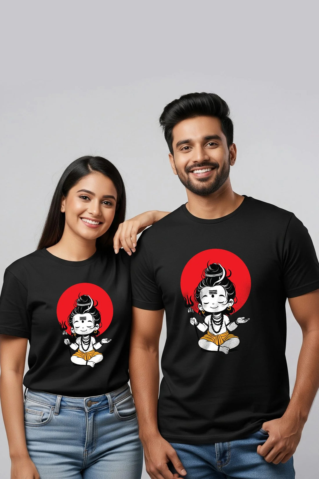 Black Bhole Baba Couple T-Shirt featuring Choto Shiv design, made by KRAZYKIND, with a vibrant, detailed graphic of Lord Shiva.