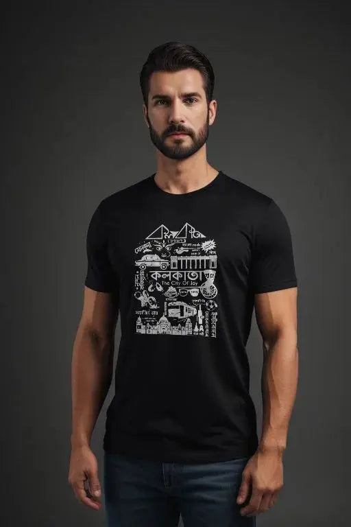 Man wearing a black t-shirt with white graphic design on a dark background