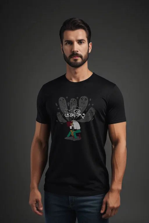 Man wearing a black t-shirt with a graphic design on a dark background