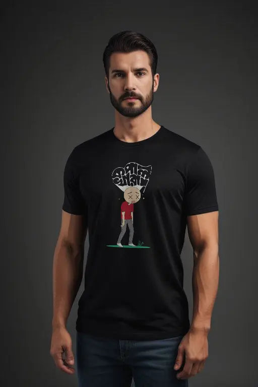 Man wearing a black t-shirt with a graphic design on a dark background