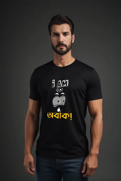 Man wearing a black t-shirt with a graphic design on a dark background
