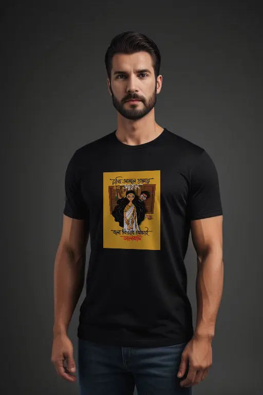 Man wearing a black t-shirt with a graphic design on a dark background