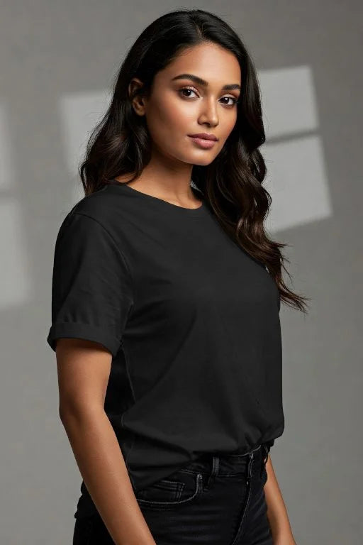 Black solid T-shirt by KRAZYKIND, front view of classic crew neck style made of soft fabric.