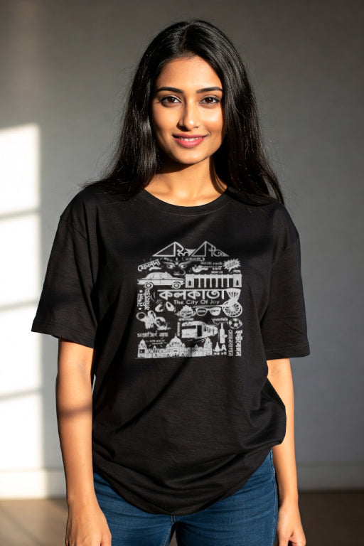 Woman wearing a black t-shirt with white graphics and text