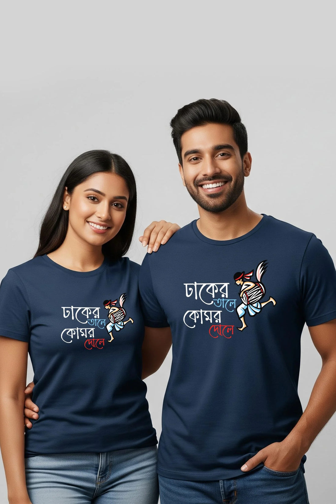 Blue Dhak Ar Tale couple T-shirt by KRAZYKIND featuring traditional Dhak and Tale design on soft cotton fabric.