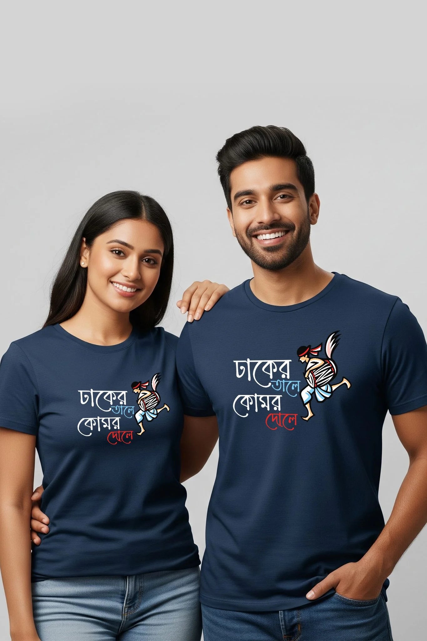 Blue Dhak Ar Tale couple T-shirt by KRAZYKIND featuring traditional Dhak and Tale design on soft cotton fabric.