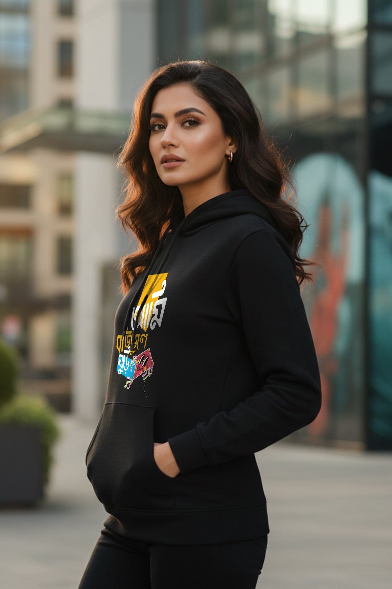 KRAZYKIND Boundule Ghuri hoodie worn by woman, side view showing stylish design and comfortable fit.