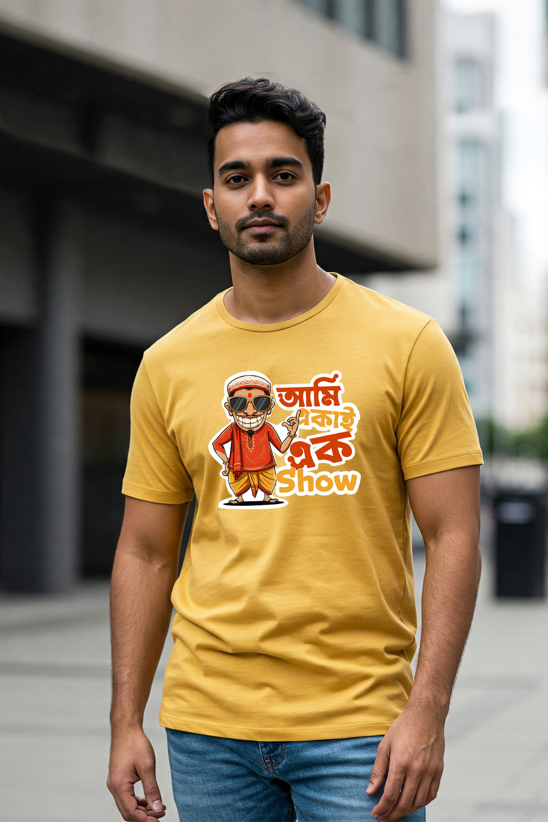 KRAZYKIND Ami Ekai Ek-show featuring vibrant traditional costume with intricate patterns and bright colors. Bengali Graphic T-Shirt , Printed T-Shirt