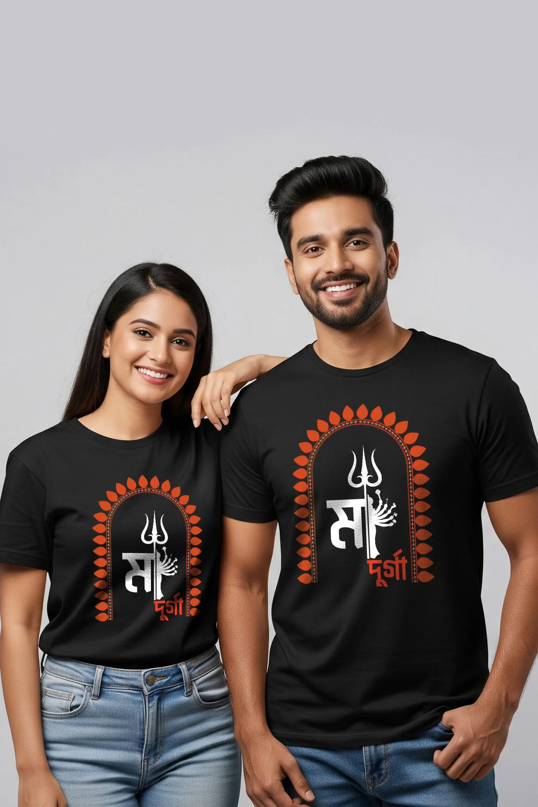 Black Ma Durga Couple T-Shirt by KRAZYKIND featuring vibrant imagery of goddess Durga, perfect for spiritual and cultural wear.