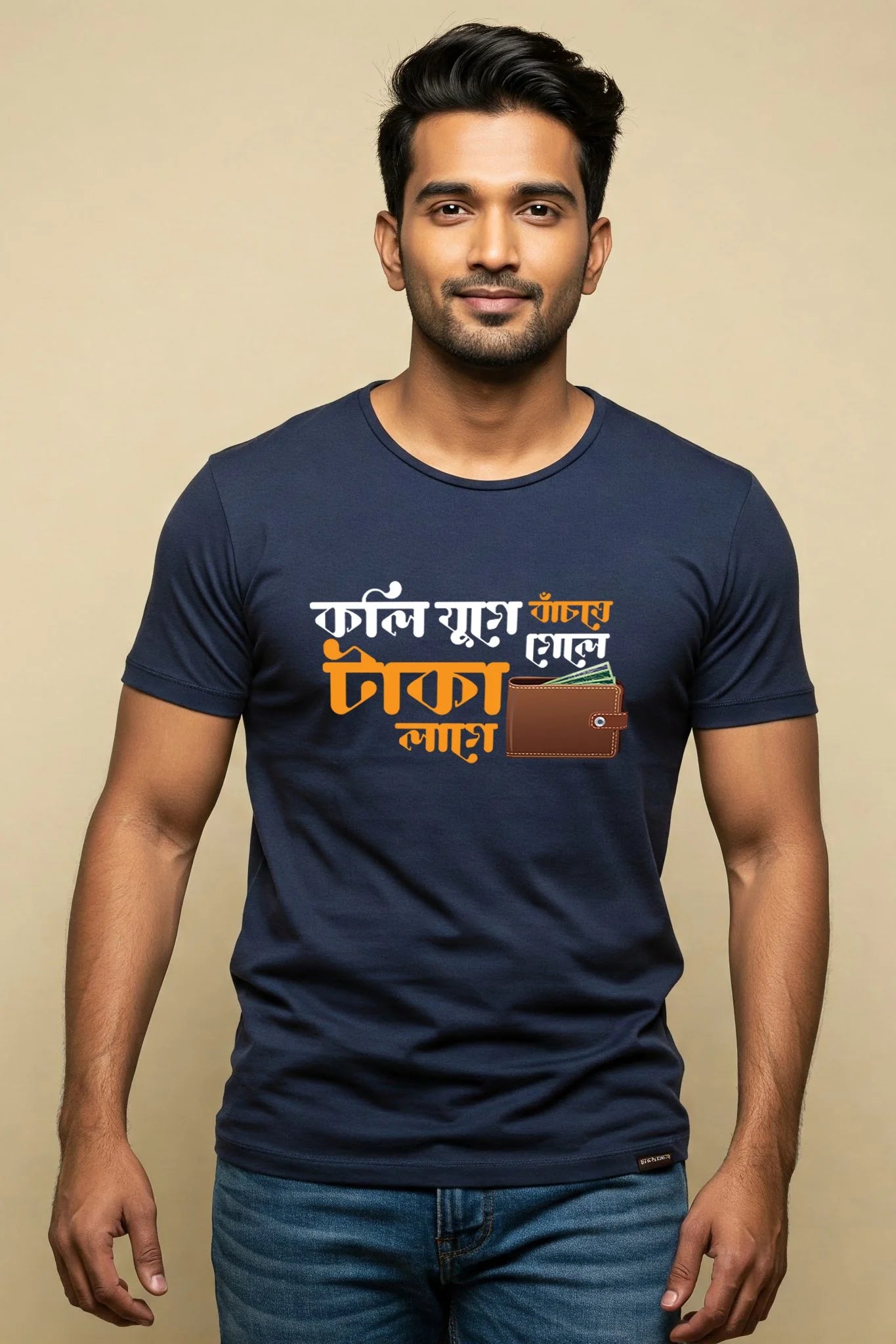 Man wearing a navy blue t-shirt with text and a wallet graphic on a beige background