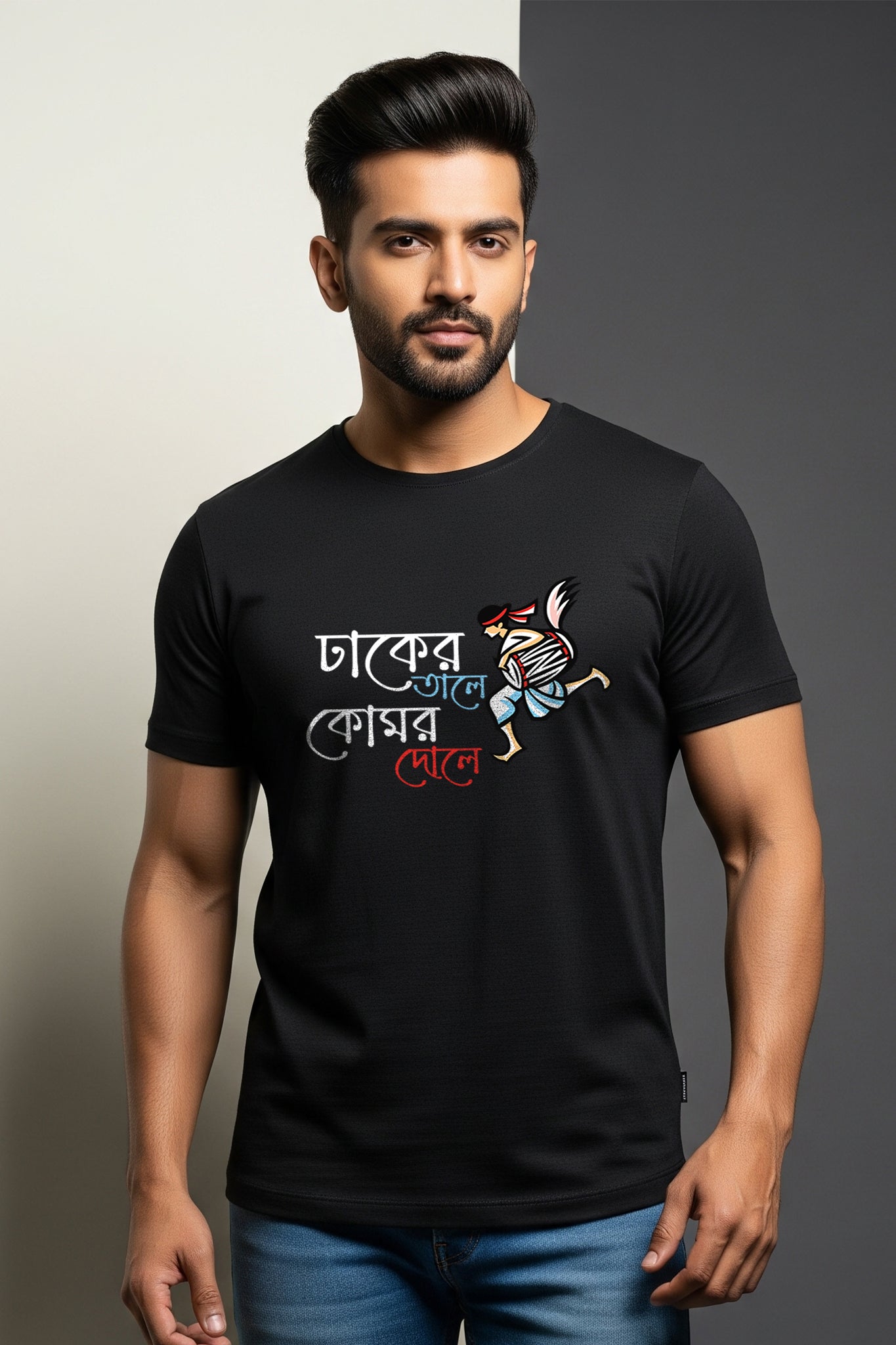 Man wearing a traditional black Dhak Er Tale from KRAZYKIND, showcasing detailed craftsmanship and cultural attire.