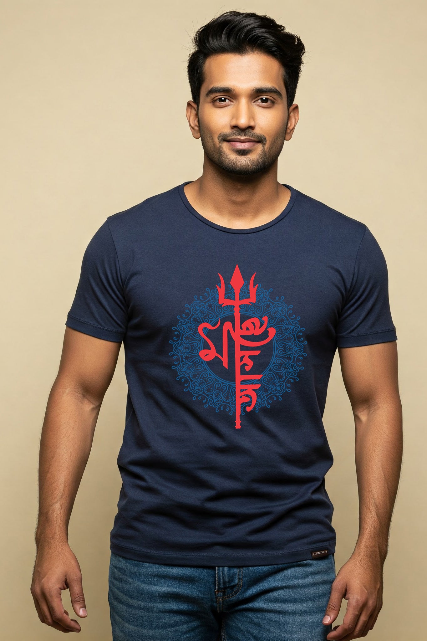 Man wearing KRAZYKIND Ma Asche navy hoodie, front view showing casual fit and comfortable fabric.