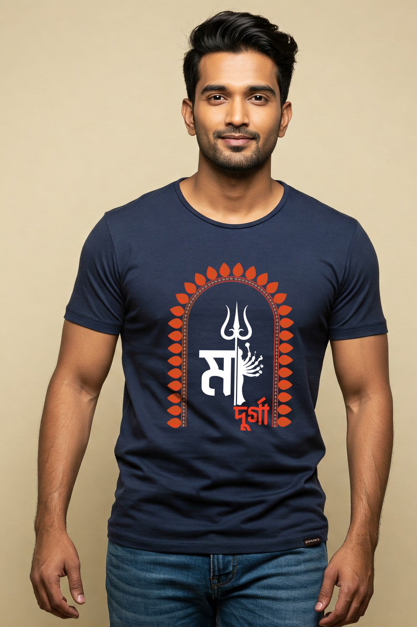 Man wearing a navy blue Ma Durga traditional kurta from KRAZYKIND, showcasing detailed pattern and comfortable fit.