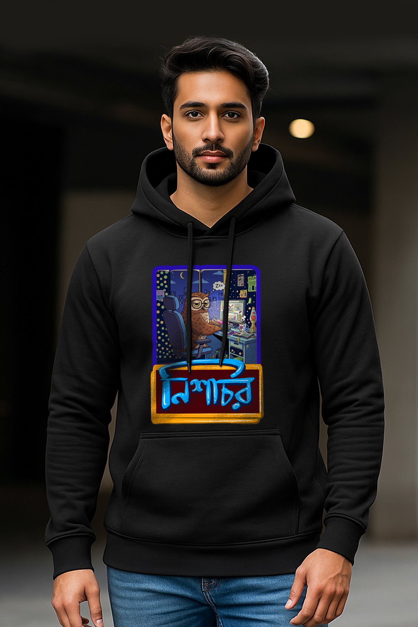 Front view of a man wearing the Nishachor hoodie by KRAZYKIND, showcasing its casual fit and stylish design.