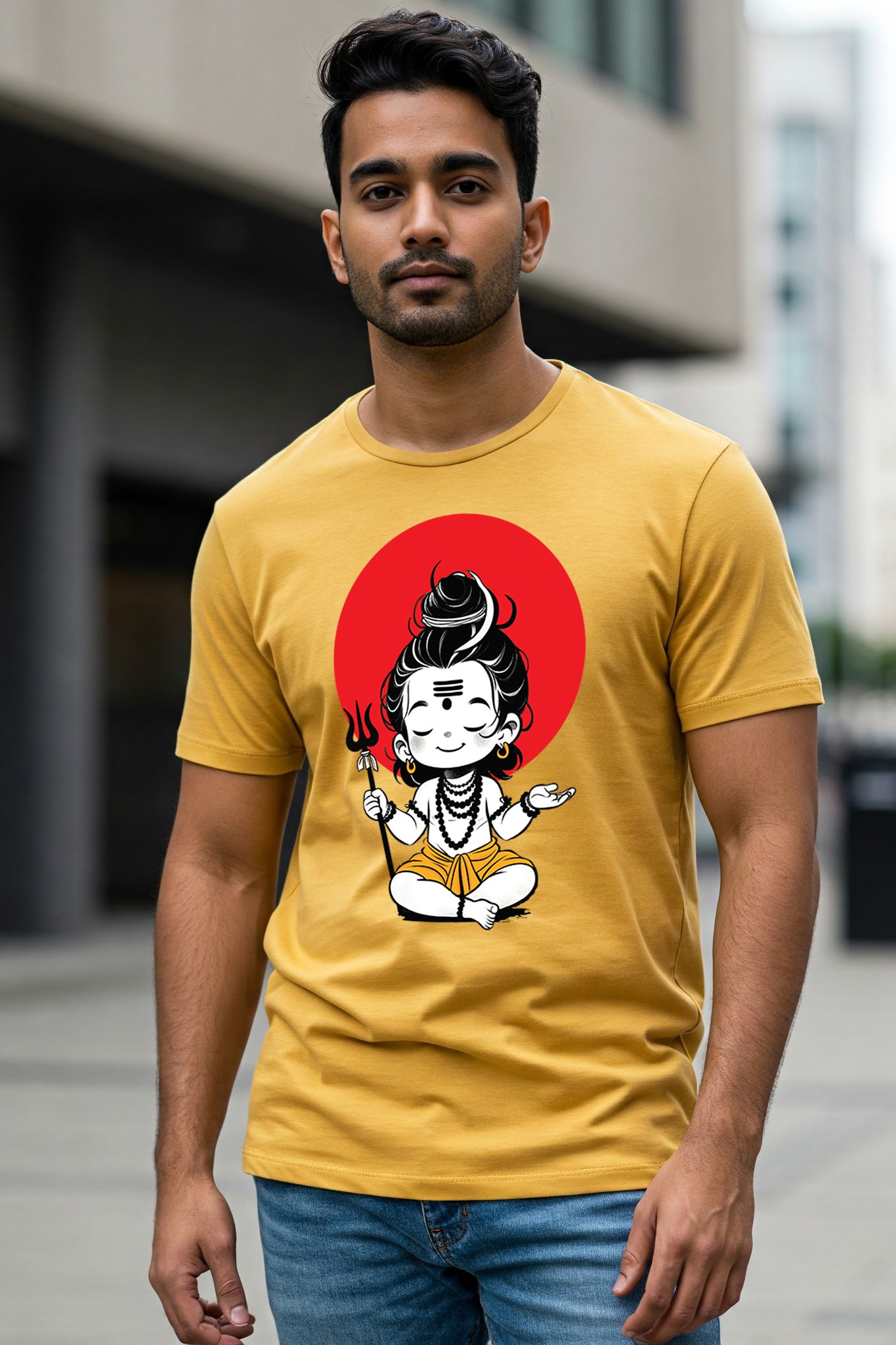 KRAZYKIND Bhole Baba idol featuring a man dressed in yellow attire with a Shiva-inspired appearance.