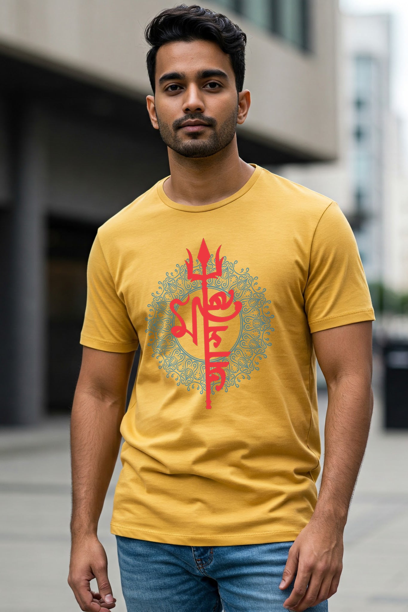 Man wearing yellow Ma Asche headwrap by KRAZYKIND, showcasing traditional African-inspired fashion accessory.