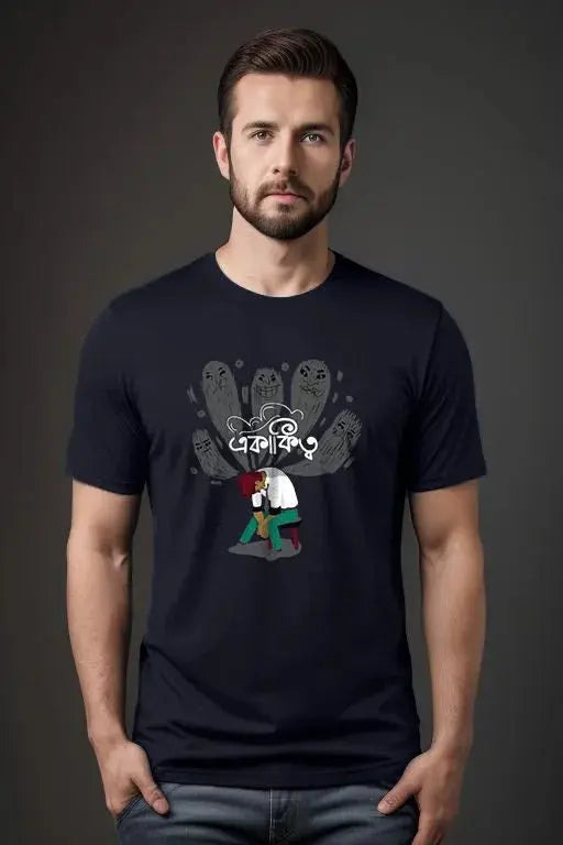 Man wearing a black t-shirt with a graphic design on a dark background