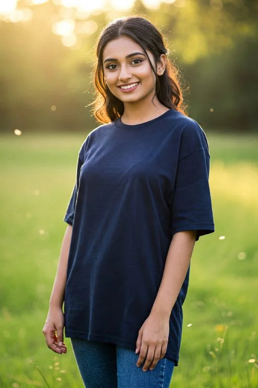 Navy blue solid T-shirt by KRAZYKIND, showcasing a close-up of the soft fabric and classic crew neckline.