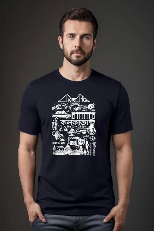 Man wearing a black t-shirt with white graphic design on a dark background