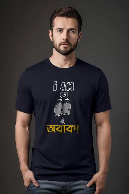 Man wearing a black t-shirt with a graphic and text on a dark background