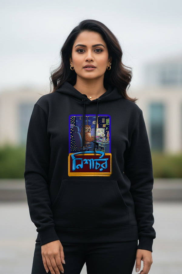 Front view of Nishachor hoodie by KRAZYKIND, featuring a casual fit and stylish design on a woman.