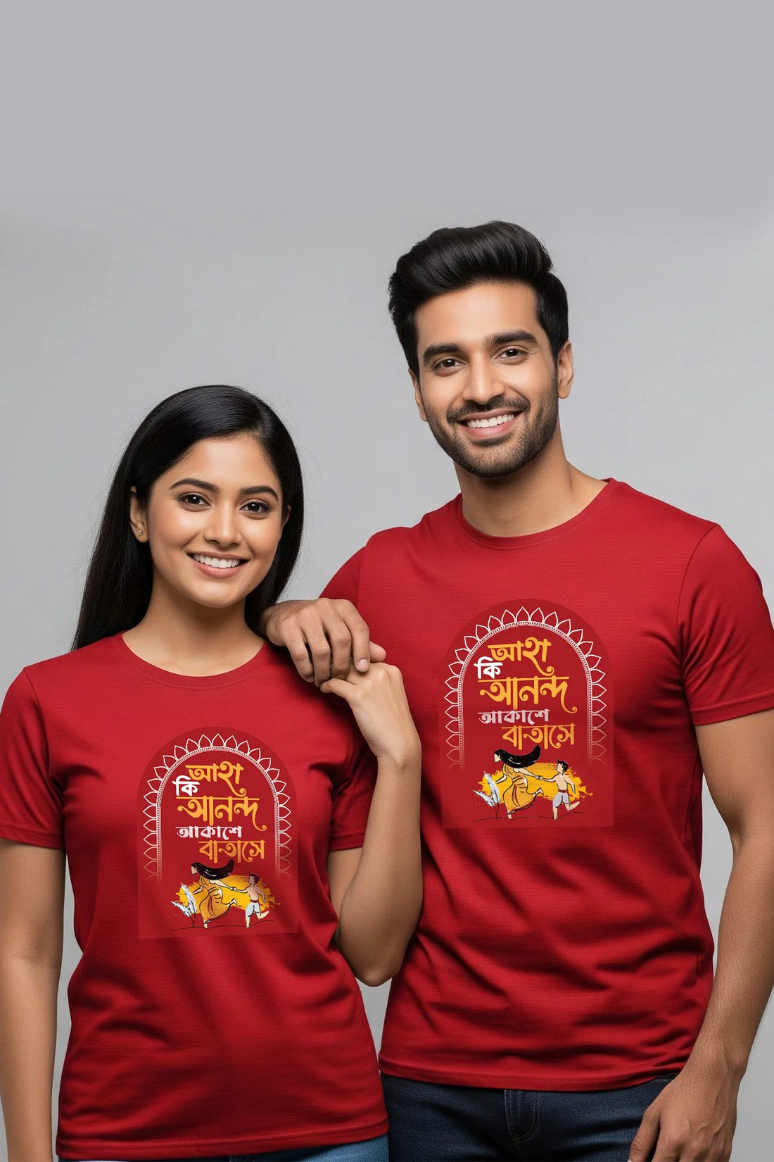 Red Ki Anondo Couple T-Shirt from KRAZYKIND featuring a stylish design for couples, made from comfortable fabric.