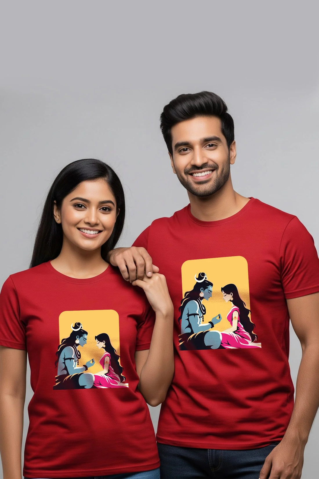 Red Shiv Durga Couple T-Shirt by KRAZYKIND featuring traditional Hindu deity print on the front.