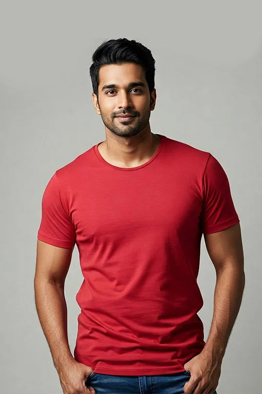 Red solid T-shirt by KRAZYKIND displayed on a model, showcasing a casual fit and classic crew neckline.